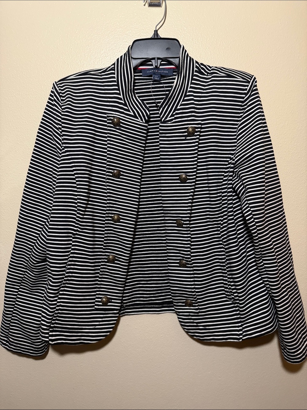 Tommy Hilfiger Black and White Striped Military-Style Blazer